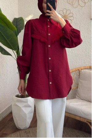 Güpür Püsküllü Ham Cupra Balon Kol Gömlek -Bordo