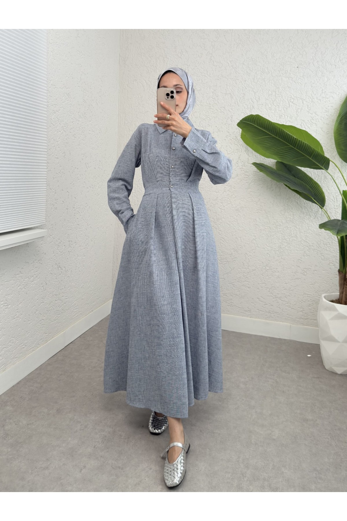 Half Buttoned Elastic Waist Linen Dress -Ice Blue
