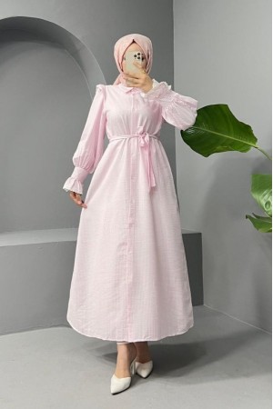 Önü Düğmeli Dantel Detaylı Kemerli Elbise -Pudra