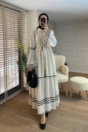 Partial Dress with embroidered sleeves and skirt -Stone