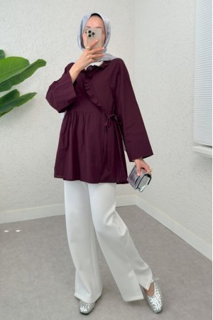 Yakası Fırfırlı Yandan Bağlamalı Keten Kimono  -Mürdüm