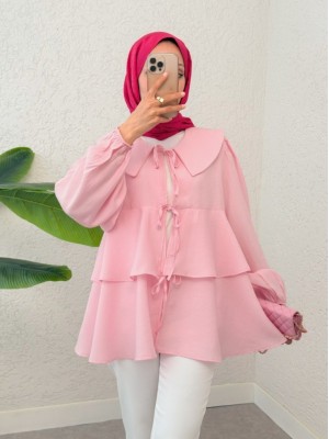 Peter Pan Collar Kimono with Tied Front and Layered Skirt -Pink