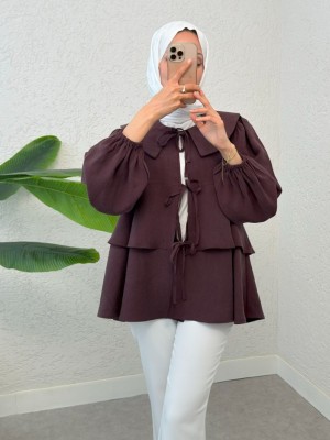 Peter Pan Collar Kimono with Tied Front and Layered Skirt -Damson