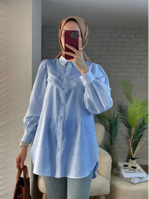 Güpür Püsküllü Ham Keten Balon Kol Gömlek  -Bebe Mavi