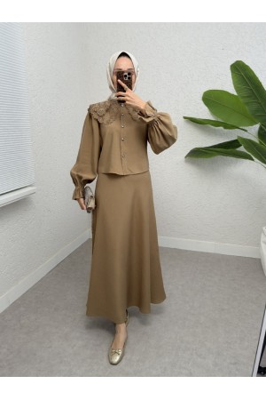 Baby Collar Scalloped Elastic Sleeve Blouse -Olive