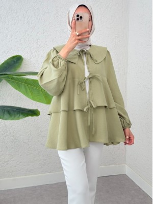 Peter Pan Collar Kimono with Tied Front and Layered Skirt -Khaki