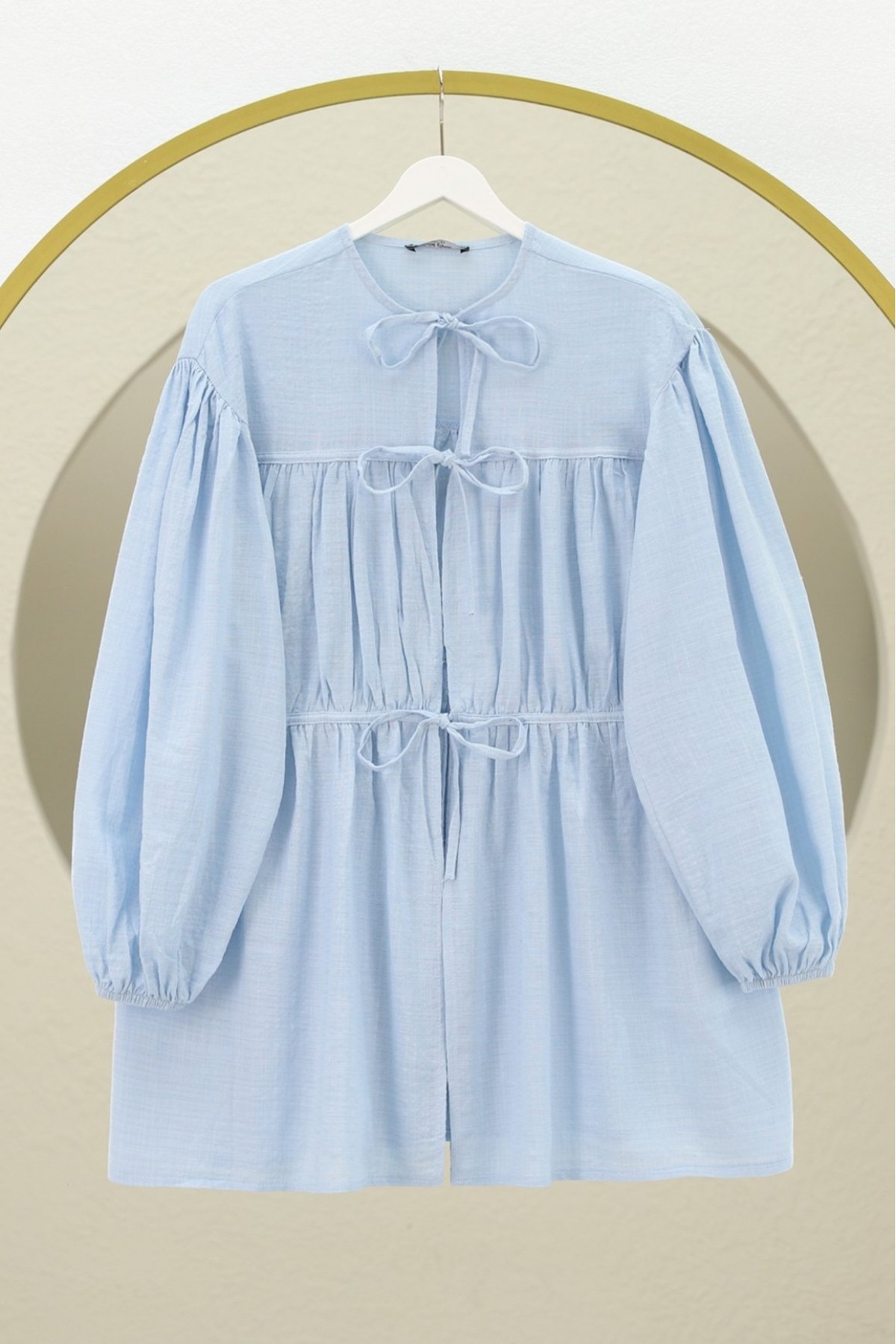 Tie Front Elastic Sleeve Shirt -Baby Blue