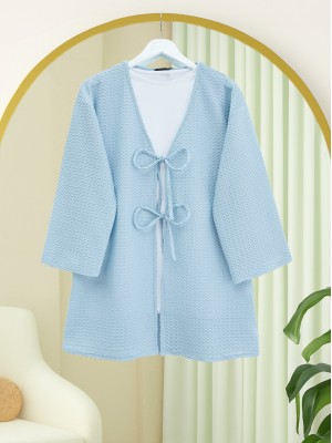Honeycomb Pattern Kimono with Double Lace Front -Baby Blue
