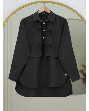 Vest Detailed Buttoned Back Long Laced Shirt -Black