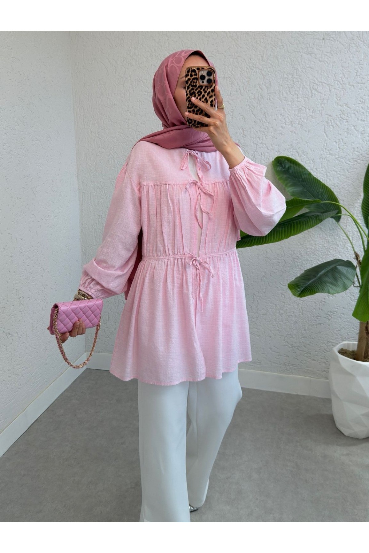 Önü Bağlamalı Kolları Lastikli Gömlek -Pembe