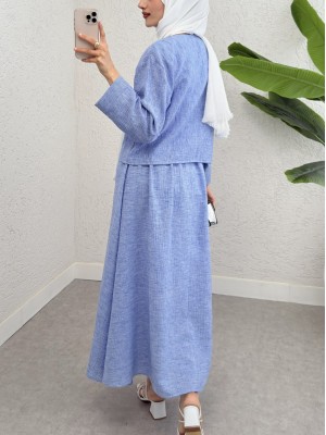 Taş Ve Kurdele Detaylı Etekli Keten Takım -Mavi