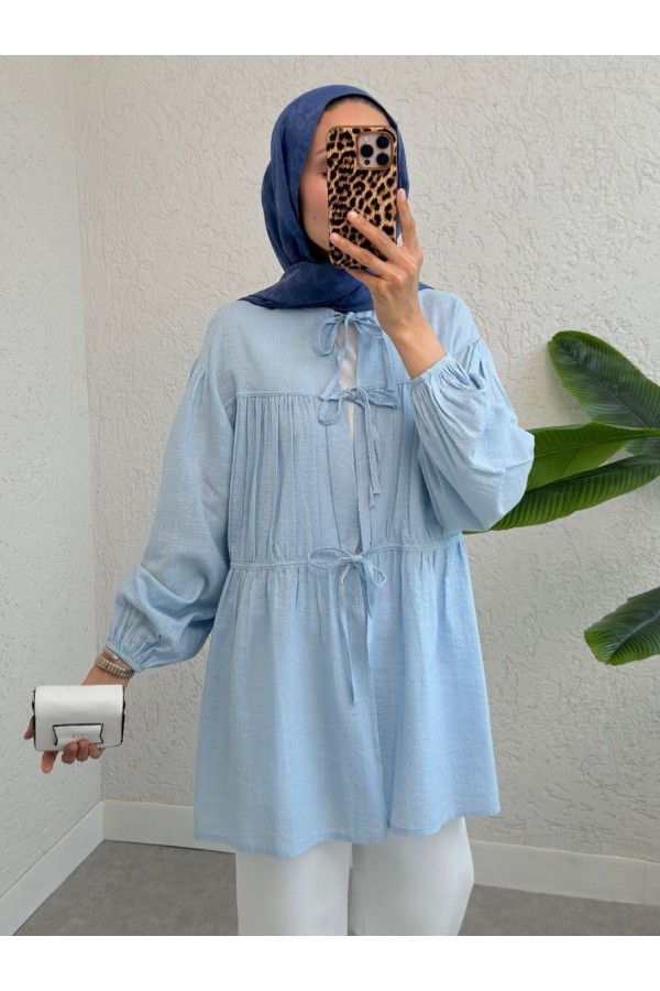 Tie Front Elastic Sleeve Shirt -Baby Blue