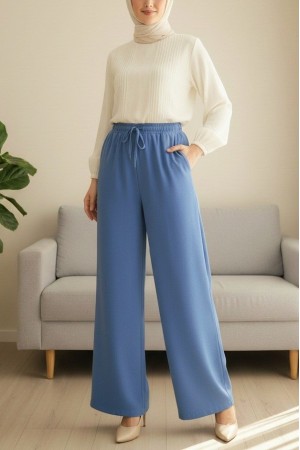 Beli Lastikli Bağcık Detaylı Cepli Bol Paça Tensel Pantolon -İndigo