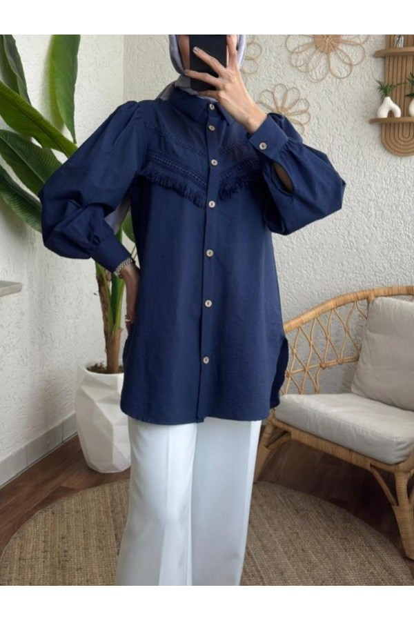 Guipure Tassel Raw Cupra Balloon Sleeve Shirt -İndigo