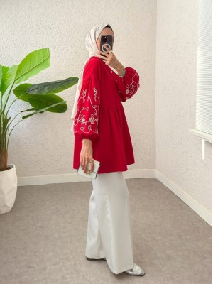 Half Buttoned Elastic Sleeve Embroidered Piece Tunic -Red