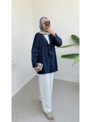 Linen Kimono with Three Laces in Front -Navy blue