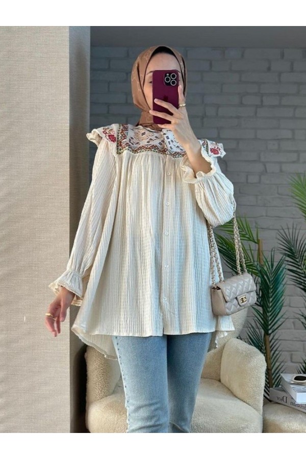 Ethnic Patterned Tunic with Elastic Sleeves - Beige