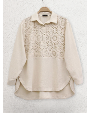 Lace Embroidered Skirt Button Detailed Shirt - Beige