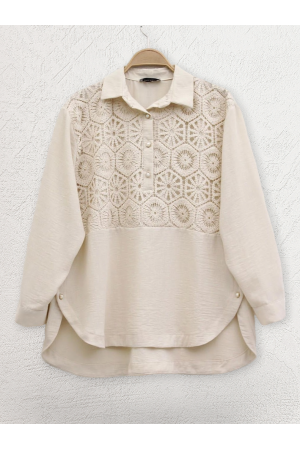 تنورة دانتيل مطرزة بأزرار قميص -اللون البيج