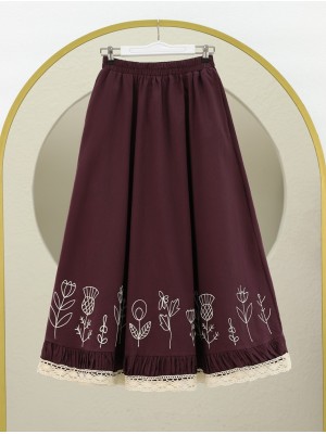 Dantel İşlemeli Beli Lastikli Etek -Mürdüm