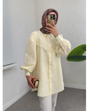 Güpür Püsküllü Ham Keten Balon Kol Gömlek     -Açık Sarı