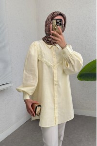 Güpür Püsküllü Ham Keten Balon Kol Gömlek     -Açık Sarı