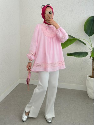 Dantel Detaylı Yakası Bağlamalı Kolu Lastikli Gömlek -Pembe