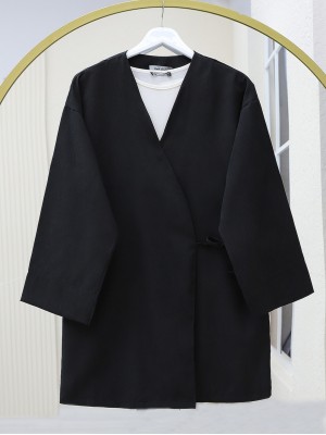 Double Tie V Neck Kimono -Black