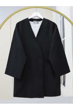 Çift Bağlamalı V Yaka Kimono -Siyah