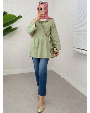 Linen Kimono with Side Tie and Ruffle Collar  -Mint Color