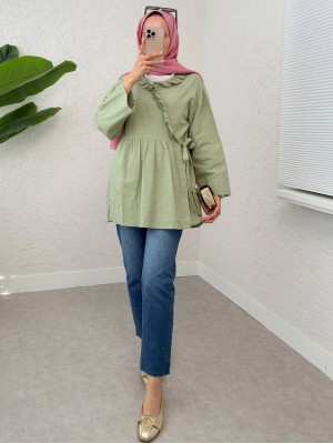 Yakası Fırfırlı Yandan Bağlamalı Keten Kimono  -Mint