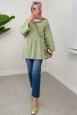 Yakası Fırfırlı Yandan Bağlamalı Keten Kimono  -Mint