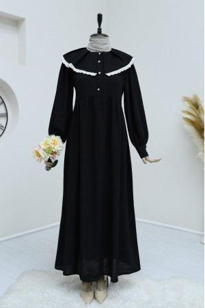 Önlük Yaka Büzgülü Yarım Düğme Keten Elbise  -Siyah