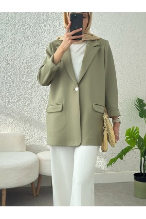 Single Button Lycra Jacket with Pockets -Cagla Green