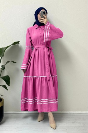 Kolları ve eteği süzene işlemeli Parçalı Elbise     -Fuşya