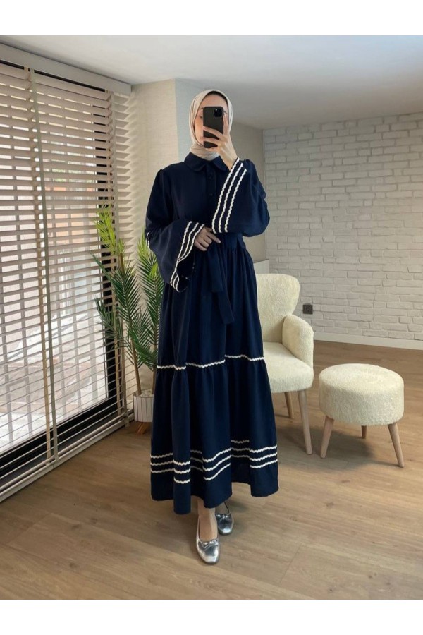 Partial Dress with embroidered sleeves and skirt -Navy blue