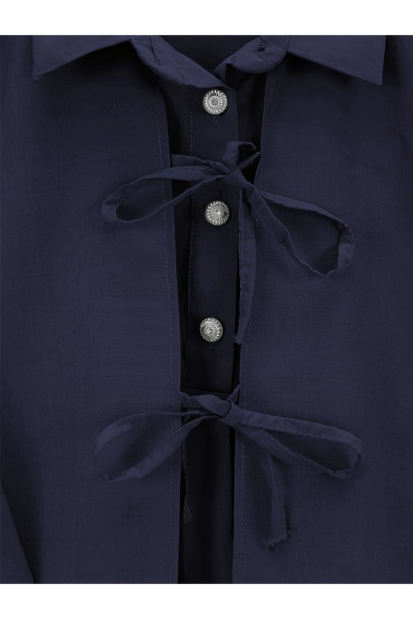 Vest Detailed Buttoned Back Long Laced Shirt -Navy blue