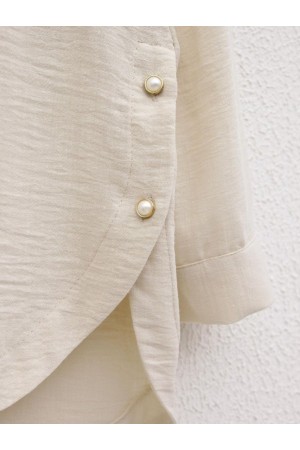 Dantel İşlemeli Eteği Düğme Detaylı Gömlek -Bej