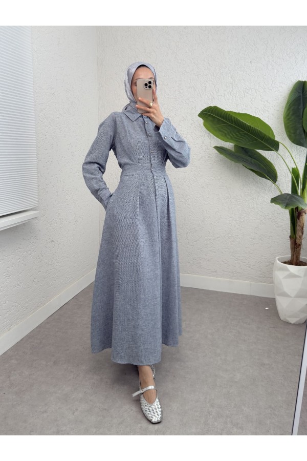 Half Buttoned Elastic Waist Linen Dress -Ice Blue