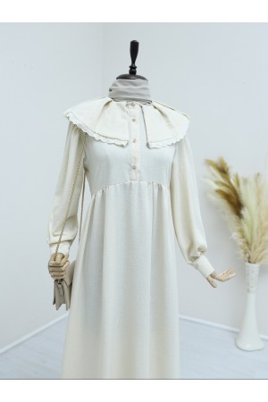 Önlük Yaka Büzgülü Yarım Düğme Keten Elbise -Bej