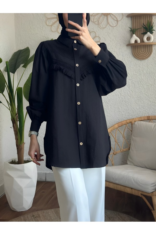 Guipure Tassel Raw Cupra Balloon Sleeve Shirt -Black