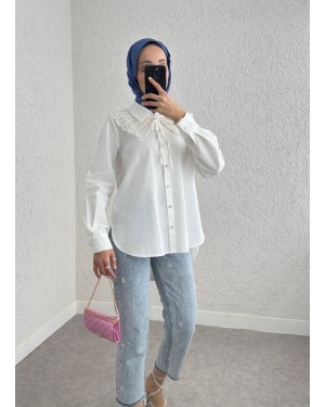 Collar Detailed Long Back Buttoned Shirt -White