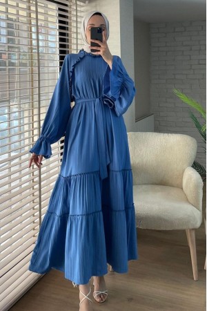 Frilled Collar, Elastic Sleeves, Belted Dress -Blue