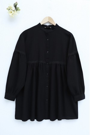 Robadan Büzgülü Dantel İşlemeli Keten Takım  -Siyah