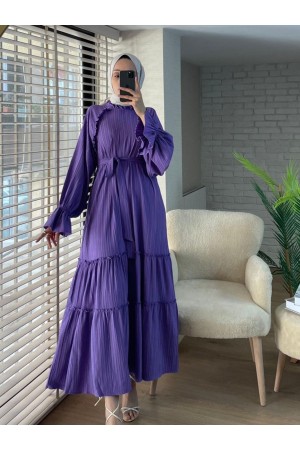 Frilled Collar, Elastic Sleeves, Belted Dress -Lilac