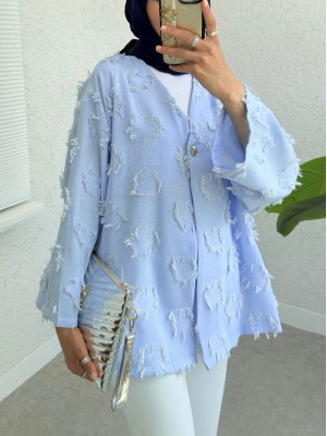 Tek Düğmeli Püskül Detaylı Yırtmaçlı Kimono -Mavi