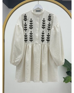Panç İşlemeli Yarım Düğmeli Keten Tunik  -Ekru