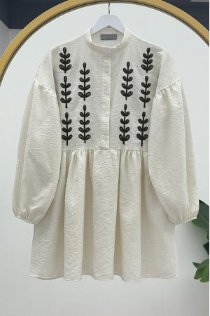 Panç İşlemeli Yarım Düğmeli Keten Tunik  -Ekru