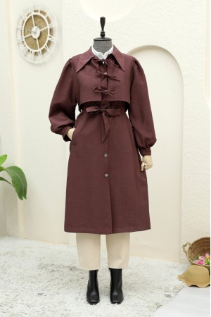 Önü Bağlama Detaylı Düğmeli Cepli Trençkot -Mürdüm