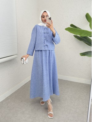 Taş Ve Kurdele Detaylı Etekli Keten Takım -Mavi